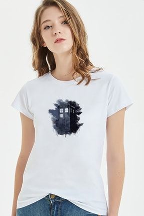 Doctor Who Flower Tumblr Baskılı Beyaz Kadın Örme Tshirt BGA1884KDNTS