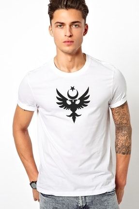 Göktürk Türk Selçuklu Kartalı Baskılı Beyaz Erkek Örme Tshirt RF0595-ERKTS