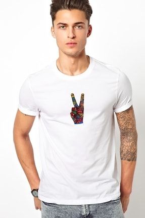 Savaş Değil Barış Işareti Seviyorum 1960'larda Baskılı Beyaz Erkek Örme Tshirt T-shirt Tişört T Shir BGA2544ERKTS