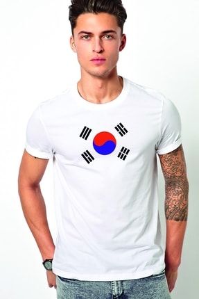 Güney Kore South Korea Baskılı Beyaz Erkek Örme Tshirt T-shirt Tişört T Shirt BGA2001ERKTS