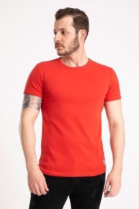 %100 Pamuk 0 Yaka Ribana Kırmızı T-shirt 2143