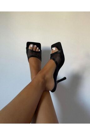 Kadın Siyah 10cm Topuklu File Küt Kare Burunlu Ayakkabı Terlik Sandalet Scarlett