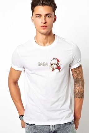 Stkrh72 Lady Gaga Baskılı Beyaz Erkek Örme Tshirt T-shirt Tişört T Shirt BGA2625ERKTS