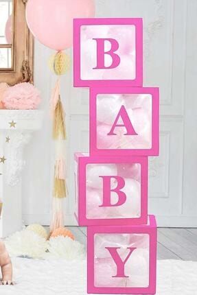 33 Parça Baby Yazılı Şeffaf Pembe Kutu Balon Seti, Baby Balon Kutusu Bebek Çocuk Doğum Günü Kutlama PG0261