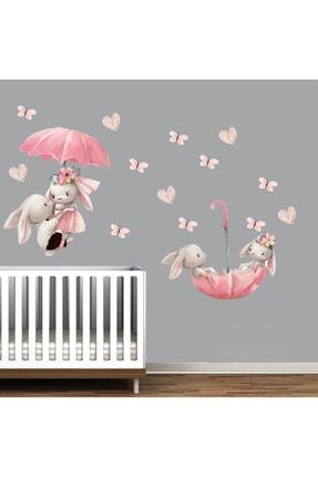 Şemsiyeli Aşık Tavşanlar Sulu Boya Duvar Sticker Seti KTM8890221
