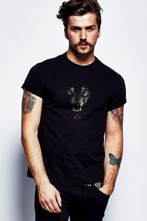 Kurt Mozaik Wolf Baskılı Siyah Erkek Örme Tshirt T-shirt Tişört T Shirt SFK1307ERKTS