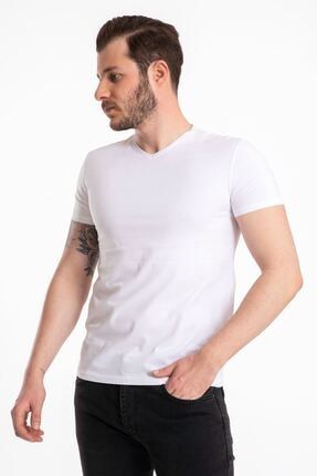 Erkek Beyaz V Yaka Basic T-shirt 2021a