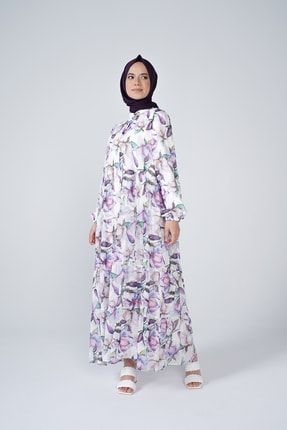 Kadın Mor Çiçek Desenli Kuşak Detaylı Şifon Elbise 1-DN-100-2