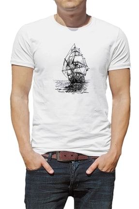Amiral Gemisi Çizim Yelkenli Gemi Kalem Baskılı Beyaz Erkek Örme Tshirt BGA1176ERKTS