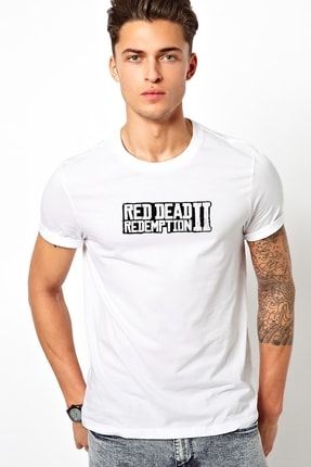 Red Dead Redemption 2 Logo Baskılı Beyaz Erkek Örme Tshirt T-shirt Tişört T Shirt RF0400-ERKTS