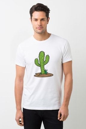 Kaktüs Cactus Baskılı Beyaz Erkek Örme Tshirt BGA0729ERKTS