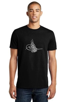 Tuğrası Ottoman Tughra Osmanli Tugrasi Logo Baskılı Siyah Erkek Örme Tshirt RF1029-ERKTS