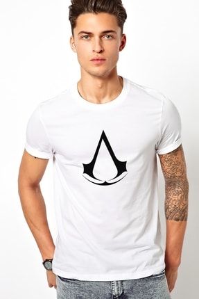 Assassins Creed Logo Baskılı Beyaz Erkek Örme Tshirt T-shirt Tişört T Shirt BGA1641ERKTS