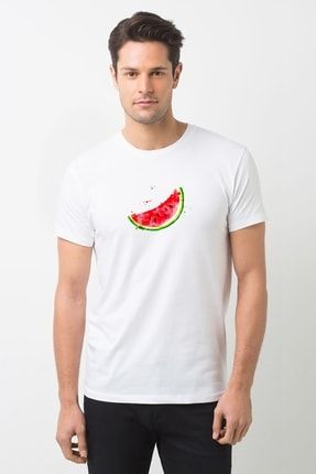 Karpuz Frutti Di Bosco Meyve Suluboya Baskılı Beyaz Erkek Örme Tshirt T-shirt Tişört T Shirt BGA2098ERKTS