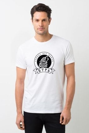 Göktürk Tengri Biz Menen Baskılı Beyaz Erkek Örme Tshirt T-shirt Tişört T Shirt RF0596-ERKTS