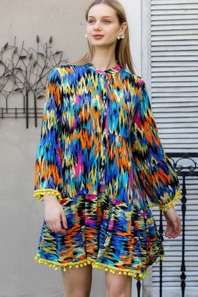 Kadın Mavi Çizgisel Desenli Düğmeli Ponpon Detaylı Salaş Elbise M10160000EL95011