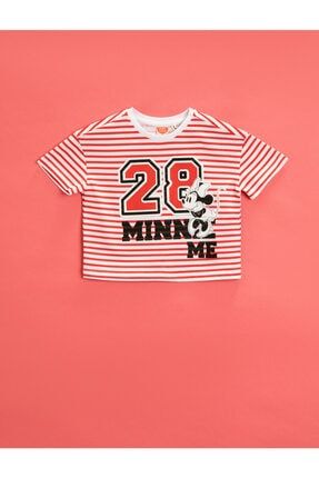 Kız Bebek Kırmızı Minnie Mouse Tişört Lisansli Çizgili Pamuklu 1YMG13216AK