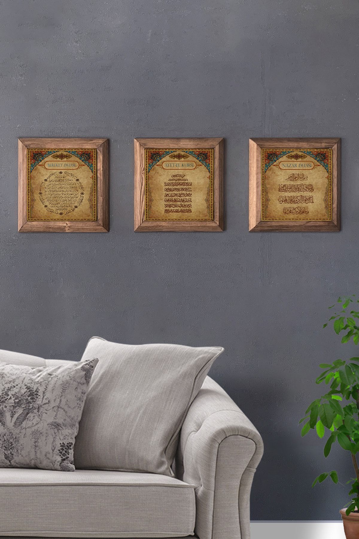 Oscar Stone Decor Masif (ahşap) Çerçeveli 3'lü Set Taş Tablo Pano 28x28 Cm Bereket Ayetel Nazar Dua