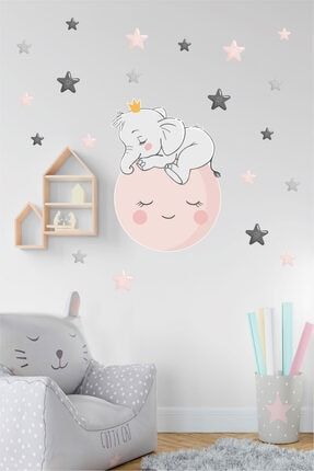 Ay Üstünde Uyuyan Sevimli Fil Ve Yıldızlar Çocuk Odası Duvar Sticker bkds019