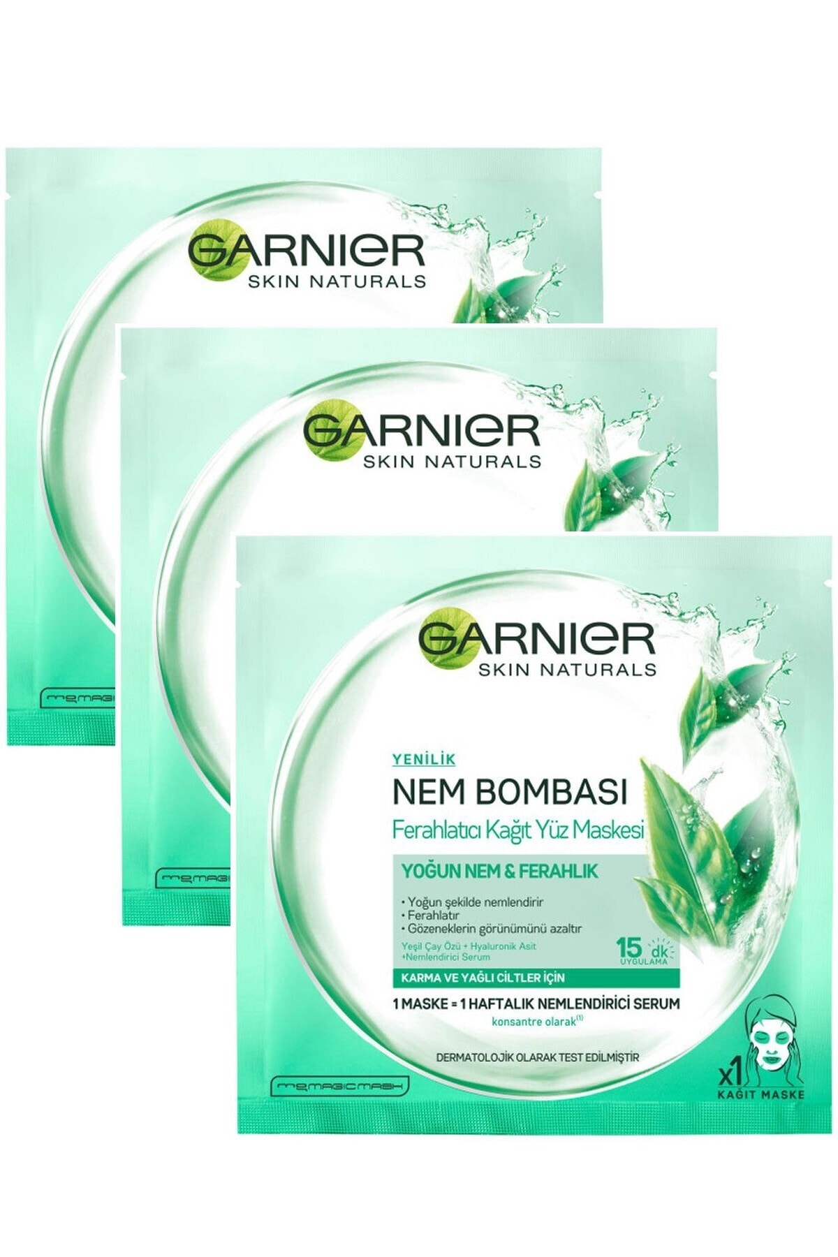 Garnier 5 Adet Nem Bombası Ferahlatıcı Kağıt Yüz Maskesi Yeşil Çay Özleri Ve Hyaluronik Asit Içerir