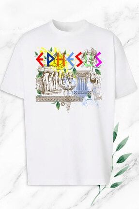 Oversize Mitoloji Antik Efes Baskılı Beyaz Tişört OVR 140