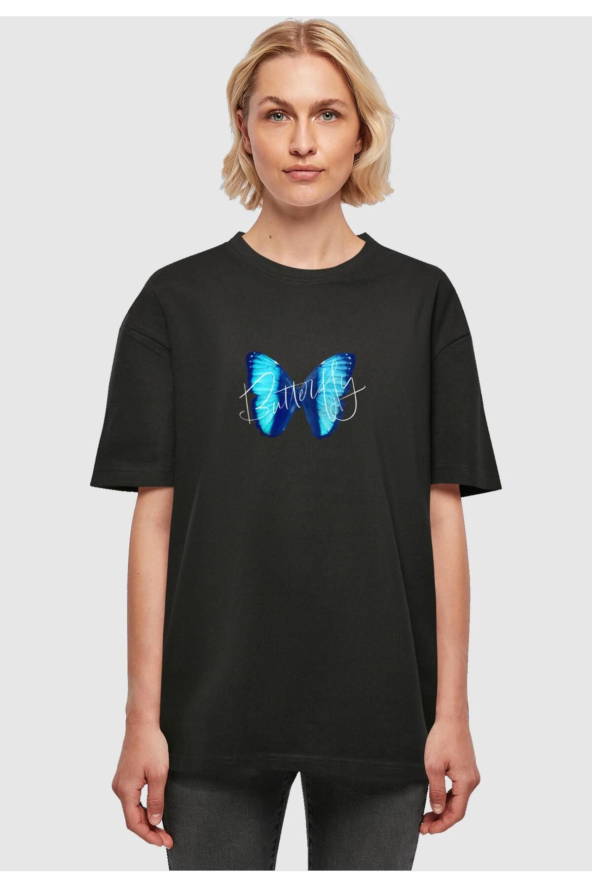 T-Shirt Oversized - Ladies Blue Damen Trendyol Butterfly Boyfriend Merchcode