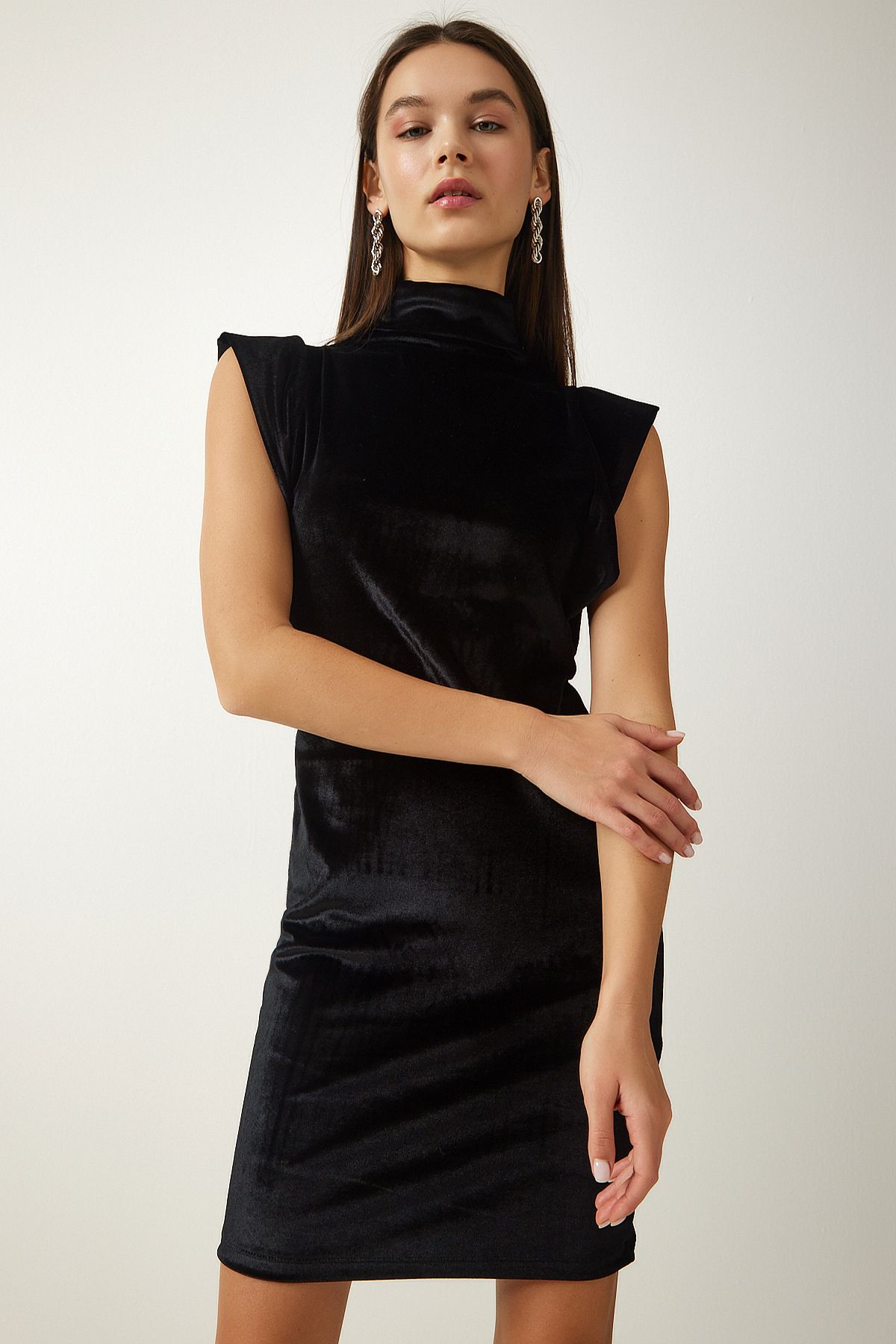 Happiness stanbul Women s Black High Collar Stylish Velvet Dress