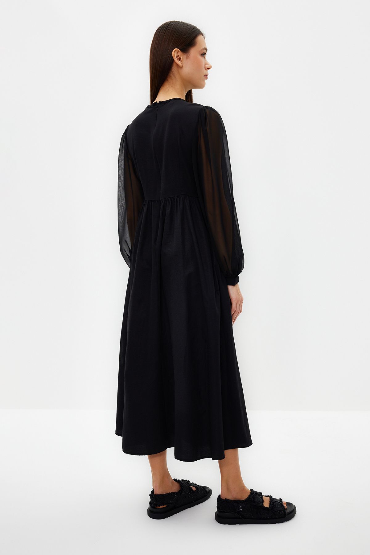 Trendyol Modest-Black Sleeves Chiffon Waist Pearl Detailed Evening Dress TCTSS24DB00005 6