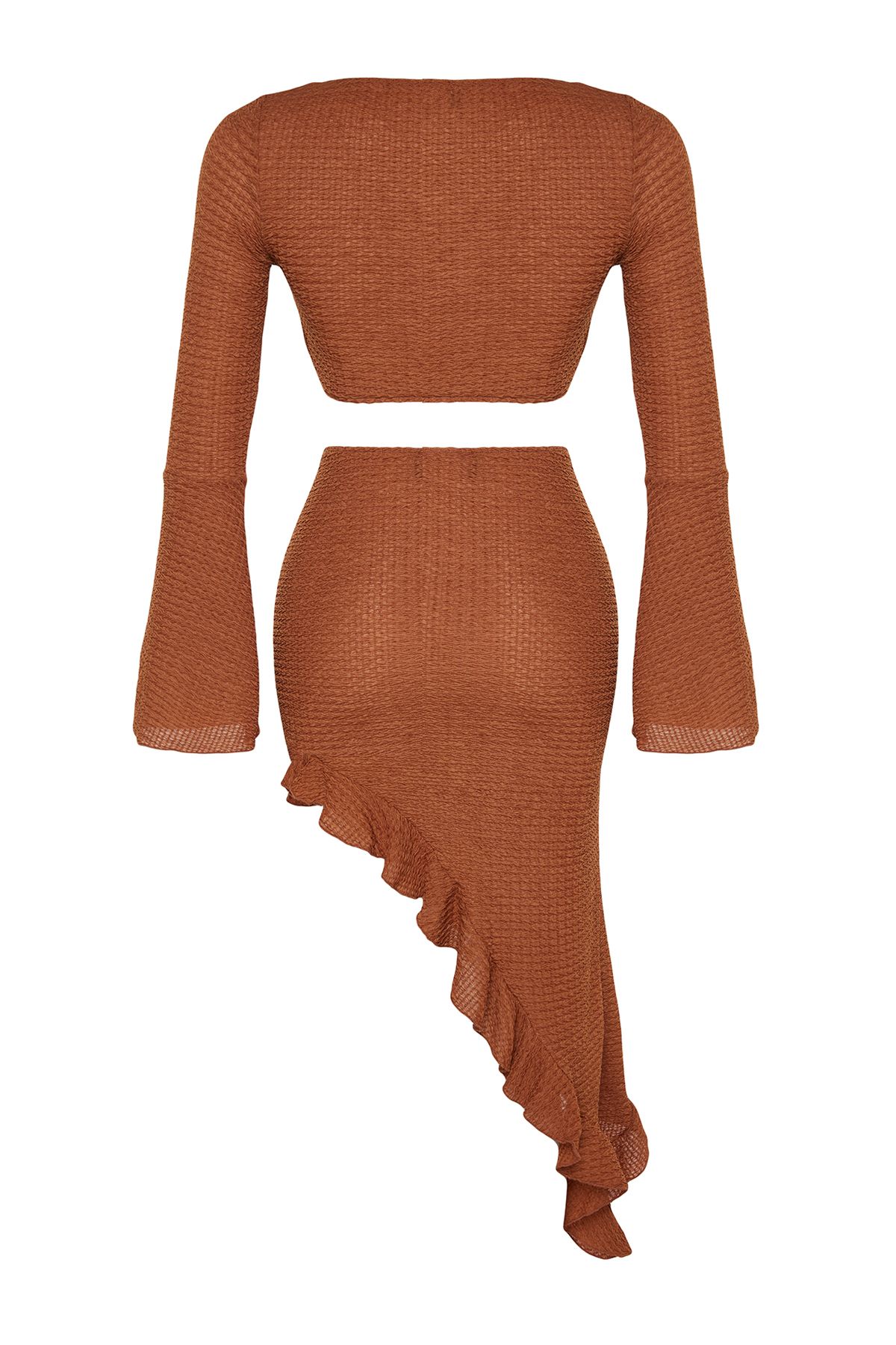 Trendyol Collection-Barna szőtt fodros blúz és strandszoknya szett - TBESS23AU00040 8