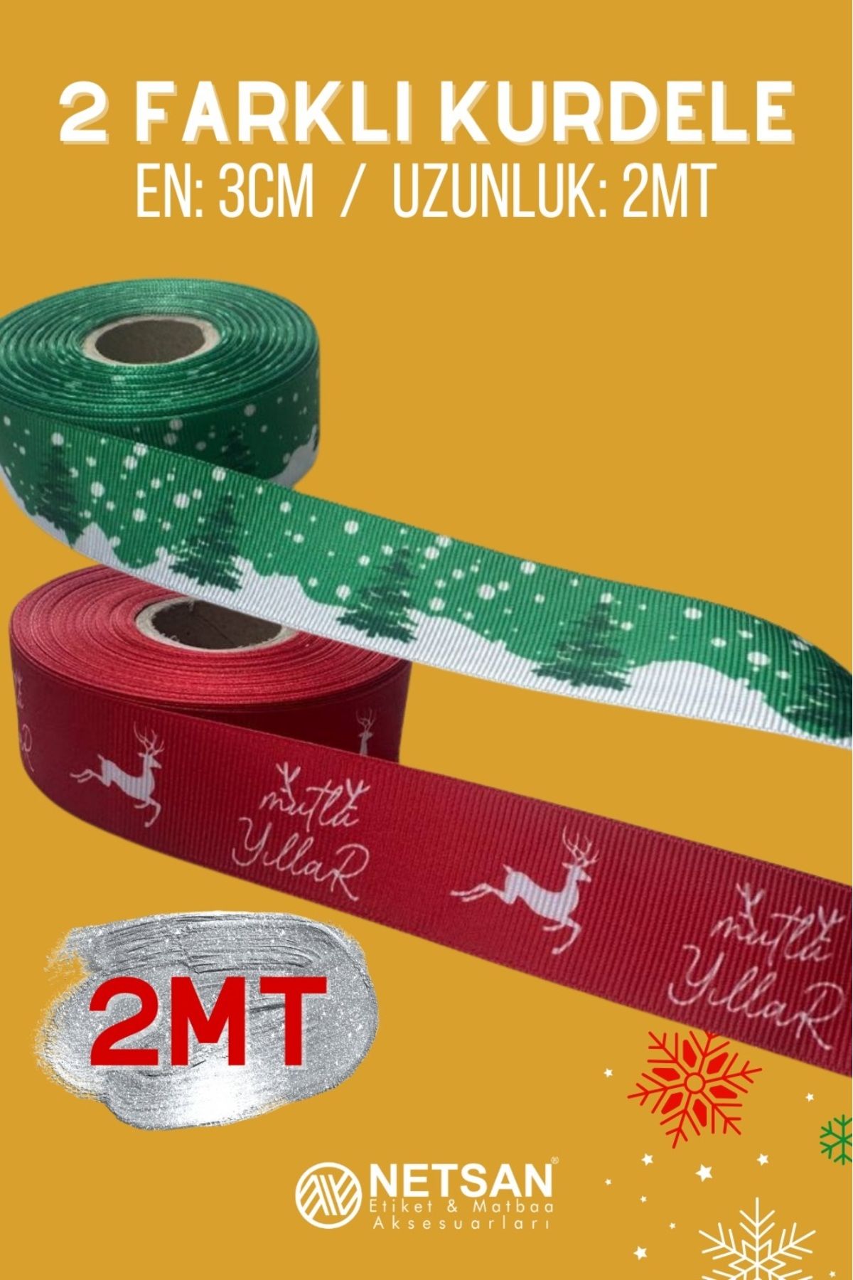 Netsan Etiket-3cm x 2m New Year Figured 2 Different Grosgrain Ribbon Red Happy New Year + Pine Tree 1