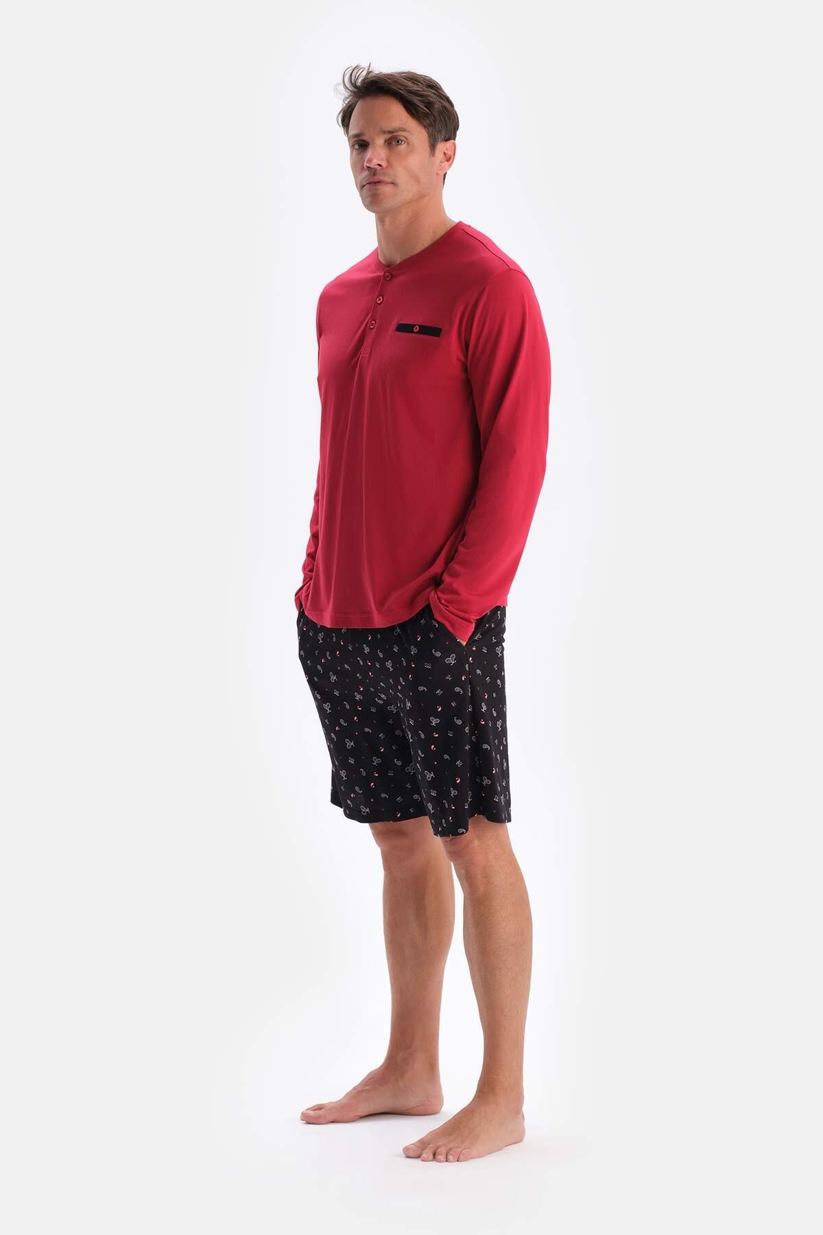 ست پیژامه مردانه BORDEAUX HALF EGGS آستین بلند شلوار کوتاه لباس خواب Dagi