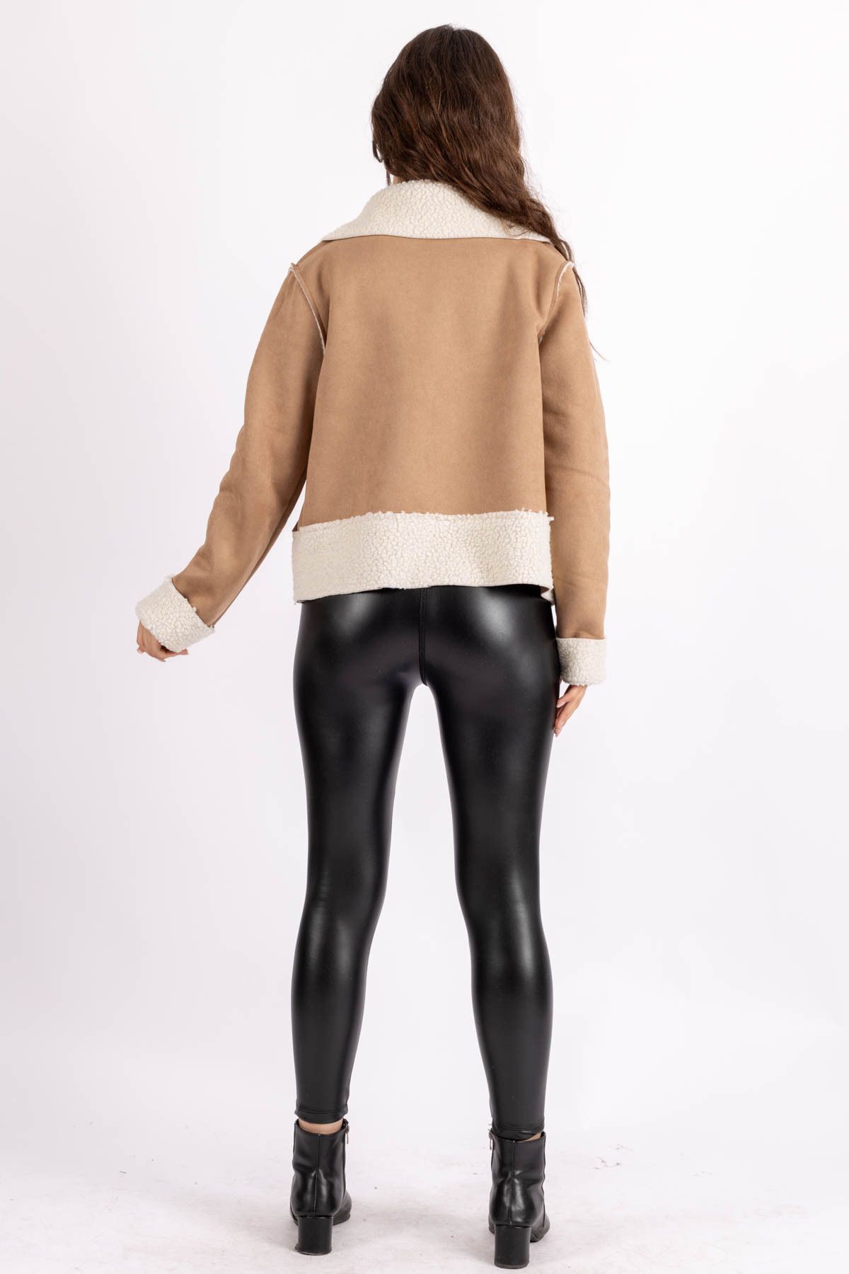 FV-Double Breasted Collar Plush Women's Coat with Snap Buttons Fur Coat Black-White, Tan-White 4