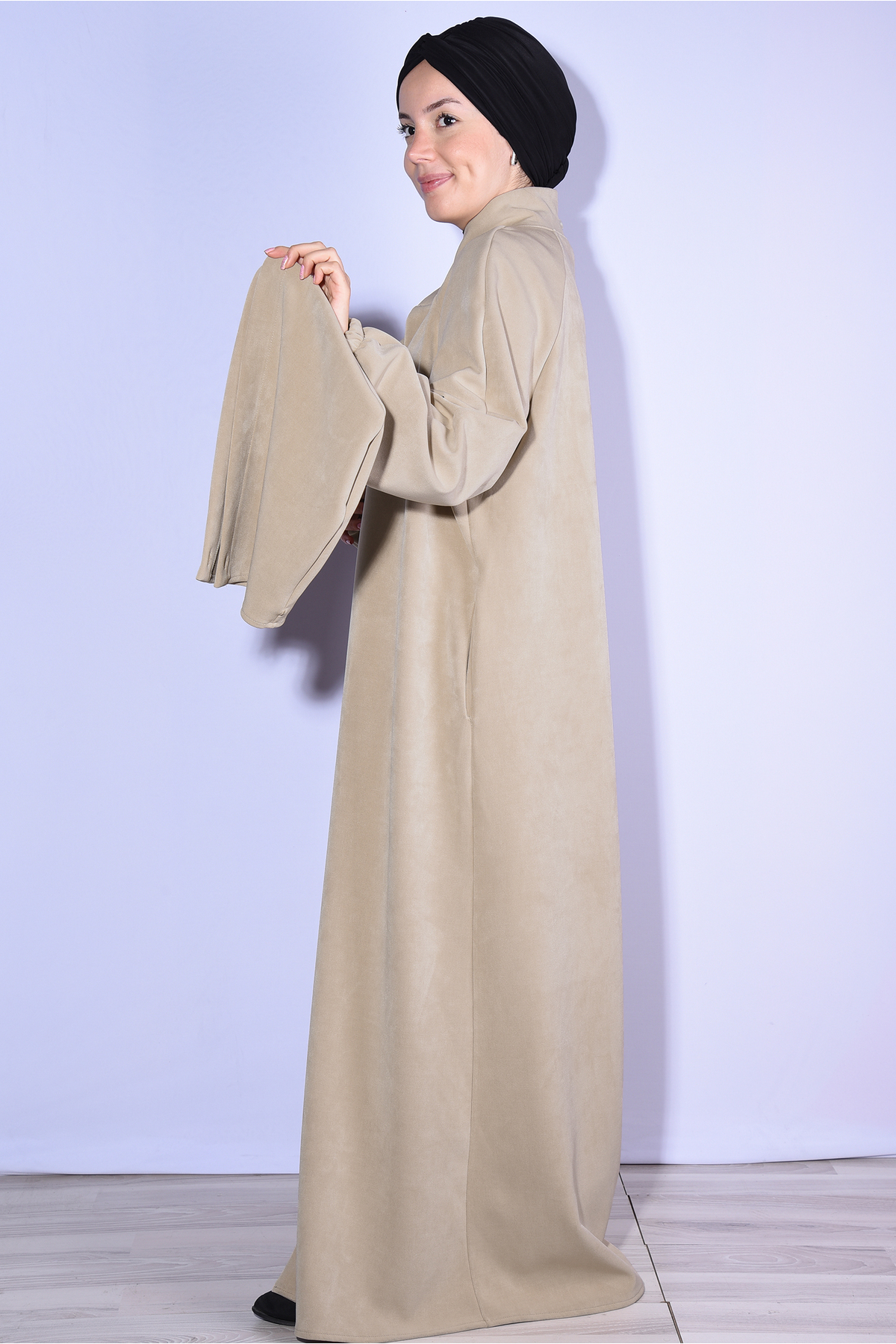 Nowa Scarf  Çıtçıtlı Dik Yaka Şapkası Düğmeli Pardesü Kaban Bej - Görsel 5