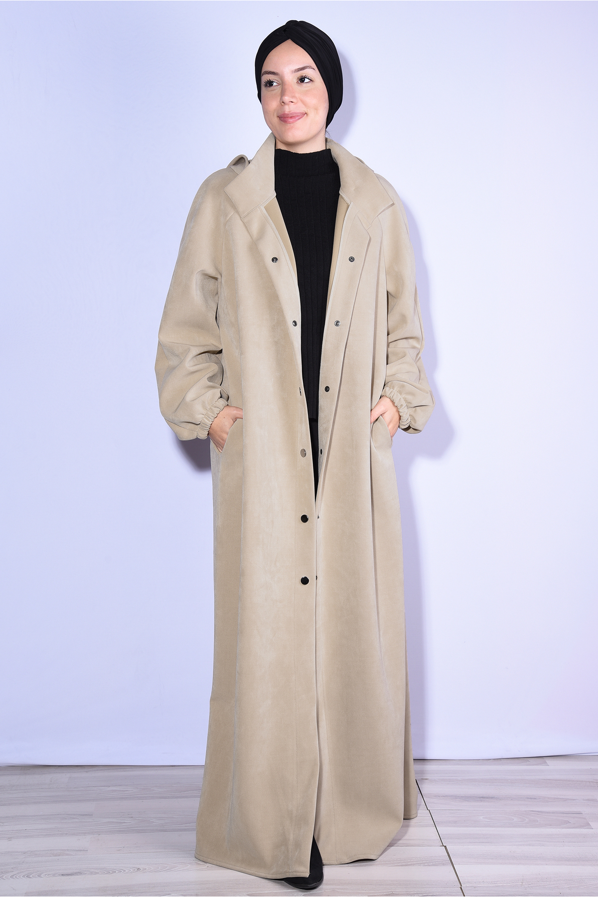 Nowa Scarf  Çıtçıtlı Dik Yaka Şapkası Düğmeli Pardesü Kaban Bej - Görsel 2