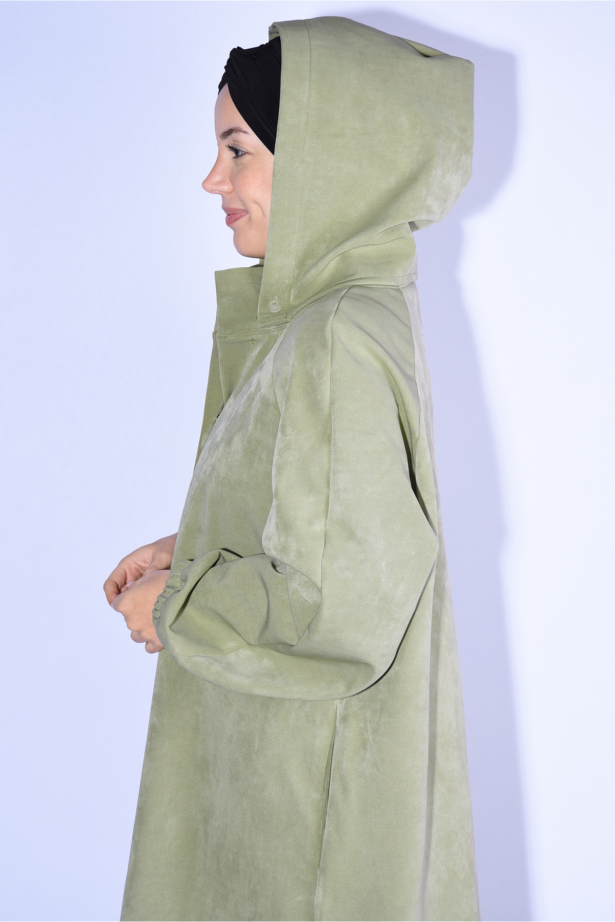 Nowa Scarf  Kaban Pardesü Modal Kumaş Şapkası Düğmeli Su Yeşili - Görsel 4