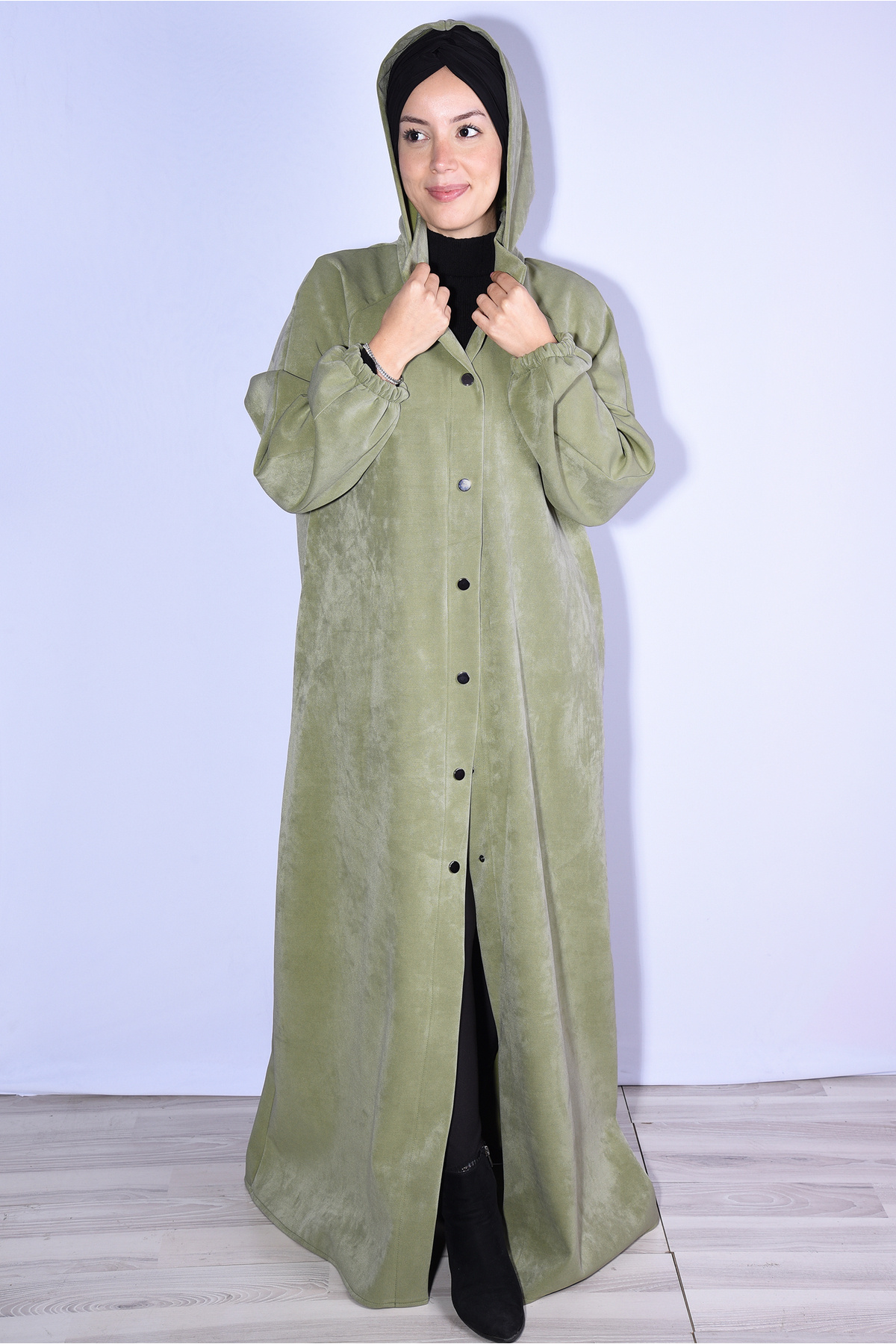 Nowa Scarf  Kaban Pardesü Modal Kumaş Şapkası Düğmeli Su Yeşili - Görsel 2