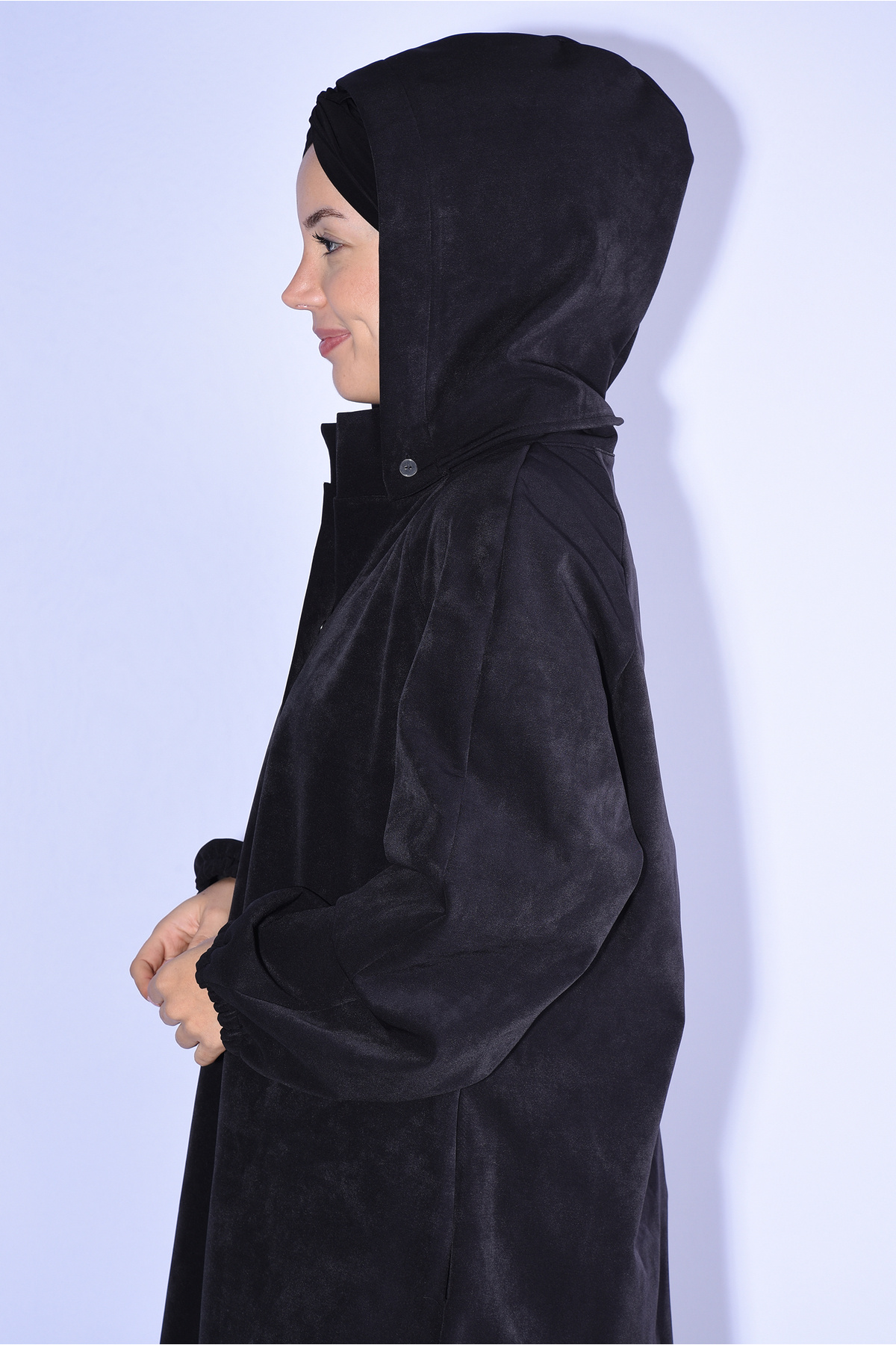 Nowa Scarf  Siyah Modal Kumaş Şapkası Düğmeli Cepli Pardesü Kaban - Görsel 4