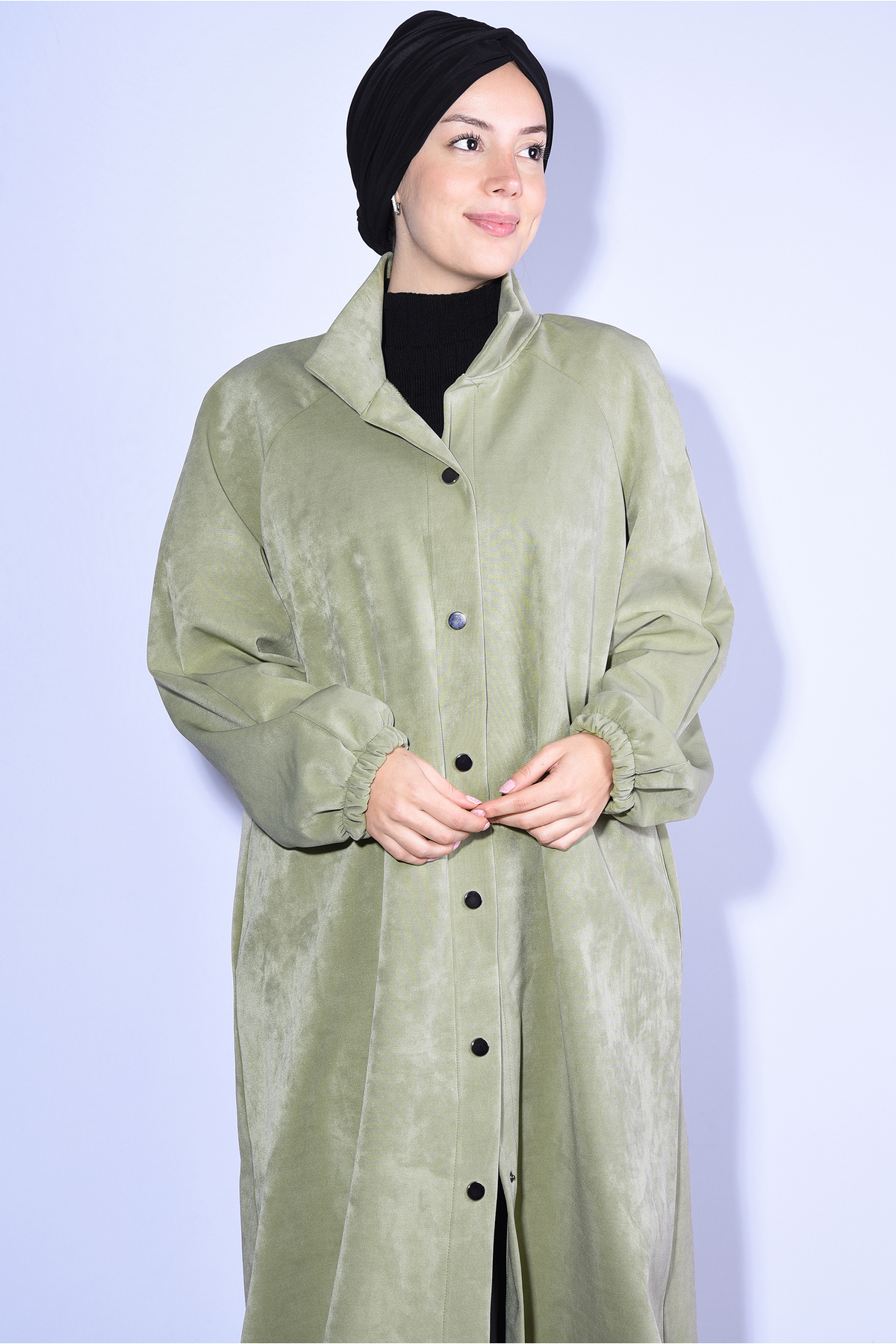 Nowa Scarf  Kaban Pardesü Modal Kumaş Şapkası Düğmeli Su Yeşili - Görsel 3