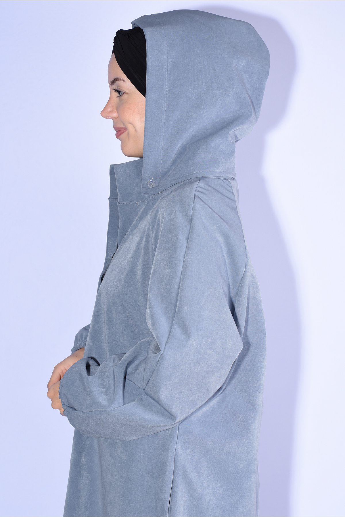 Nowa Scarf  Modal Kumaş Şapkası Düğmeli Cepli Pardesü Kaban Kot Mavisi - Görsel 4