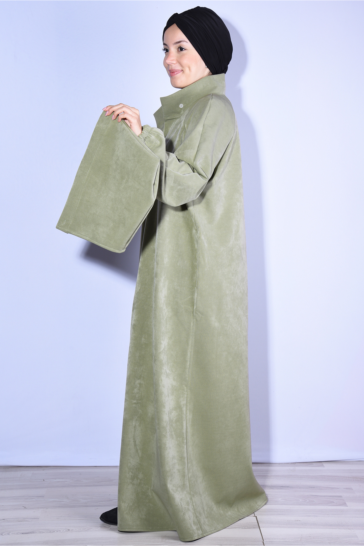 Nowa Scarf  Kaban Pardesü Modal Kumaş Şapkası Düğmeli Su Yeşili - Görsel 5