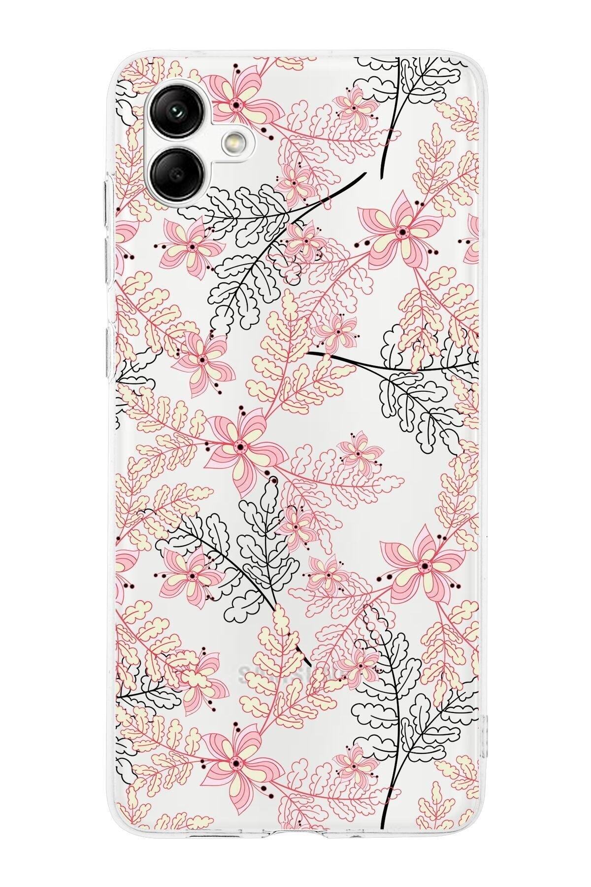 Samsung Galaxy A05 Kamera Korumalı Kapak Floral Kırmızı Tasarımlı Şeffaf Kılıf