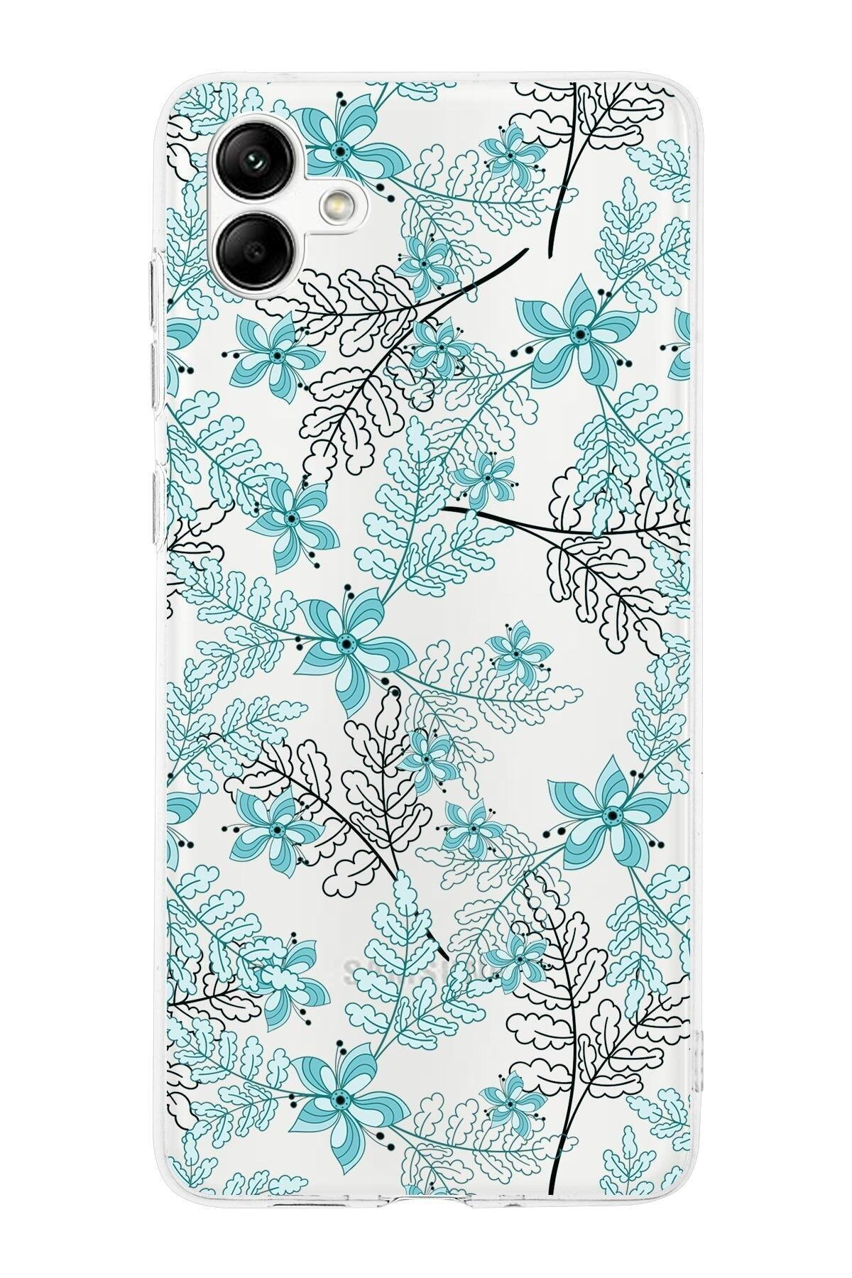 Samsung Galaxy A05 Kamera Korumalı Kapak Floral Su Yeşili Tasarımlı Şeffaf Kılıf