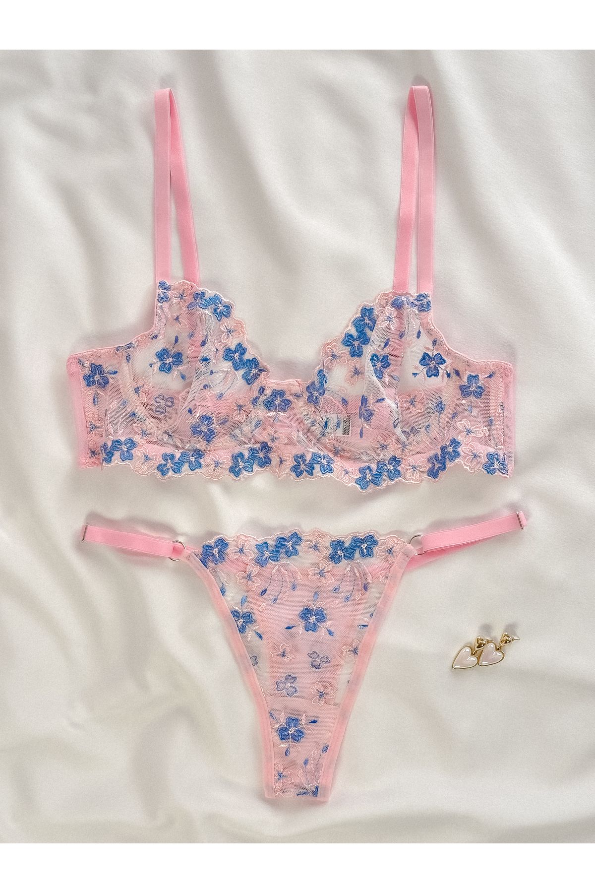 Arinda-Set de lenjerie intima cu sârmă Azalea, fără cupă, cu broderie florală, roz albastru 3