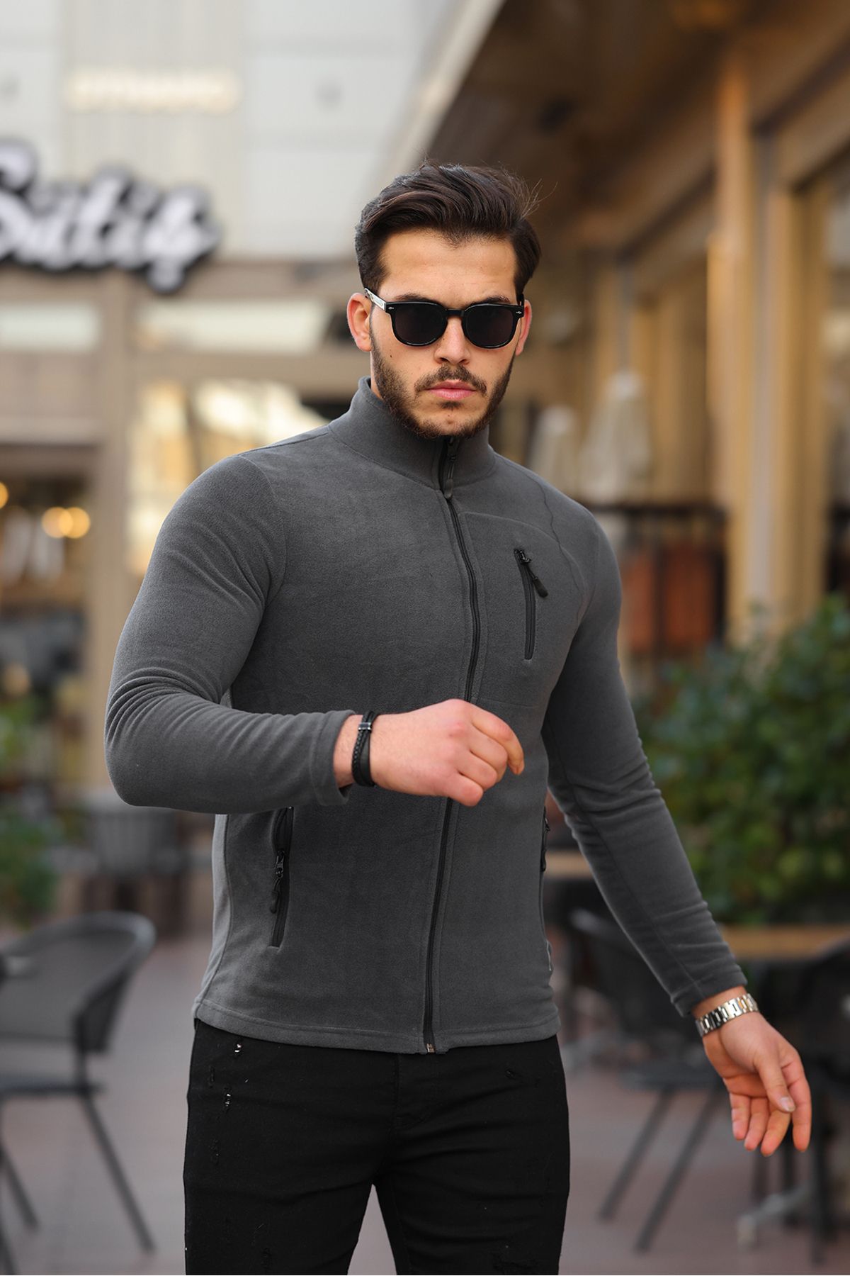 Kozik-Anthrazitfarbene Softshell-Herren-Fleece-Standardform mit durchgehendem Reißverschluss und 3 Taschen. Herren-Fleece-Cardigan 4