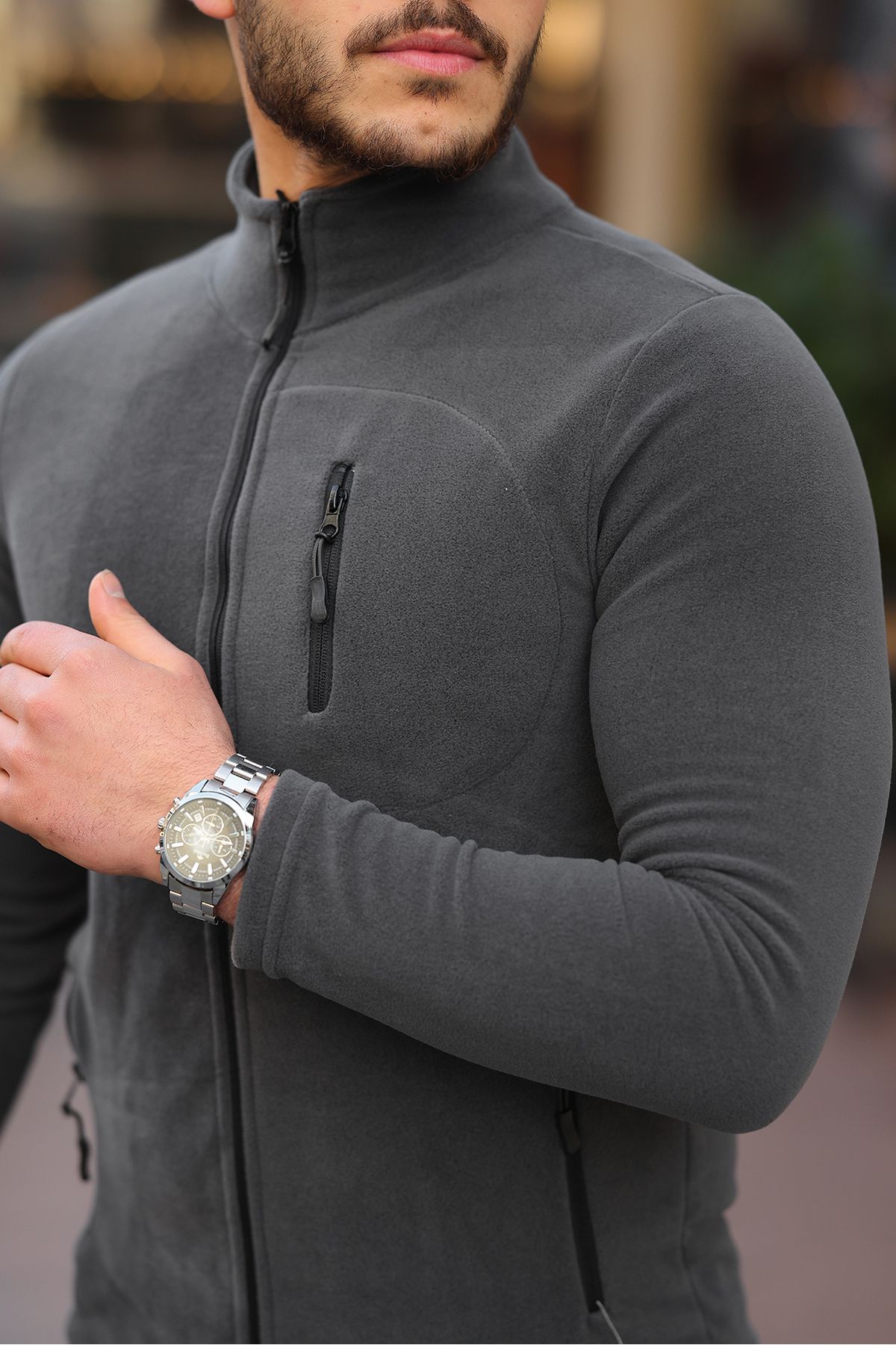 Kozik-Anthrazitfarbene Softshell-Herren-Fleece-Standardform mit durchgehendem Reißverschluss und 3 Taschen. Herren-Fleece-Cardigan 7