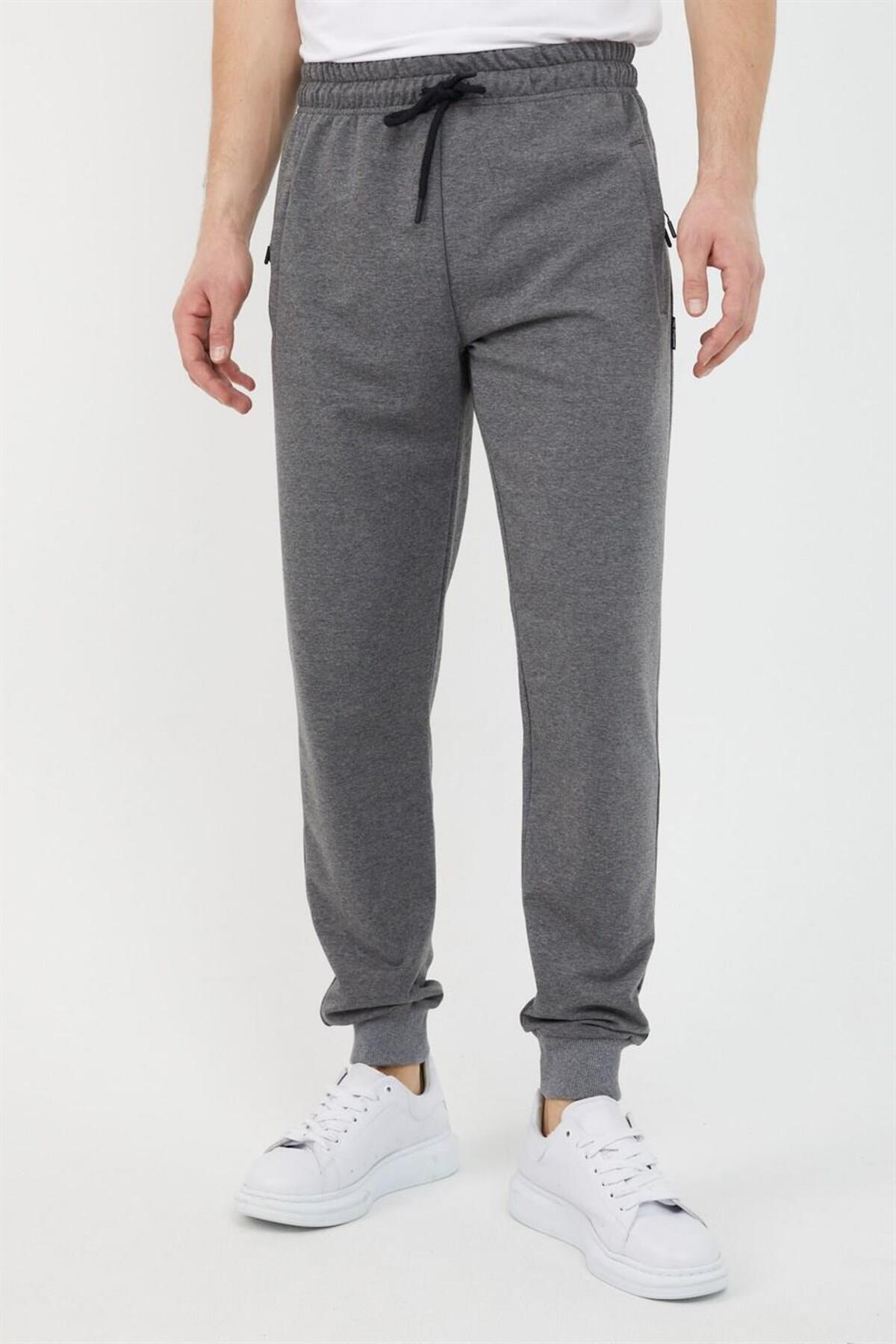 Anthracite Men's Pocket Zipper Detailed Sweatpants with Leg Rib