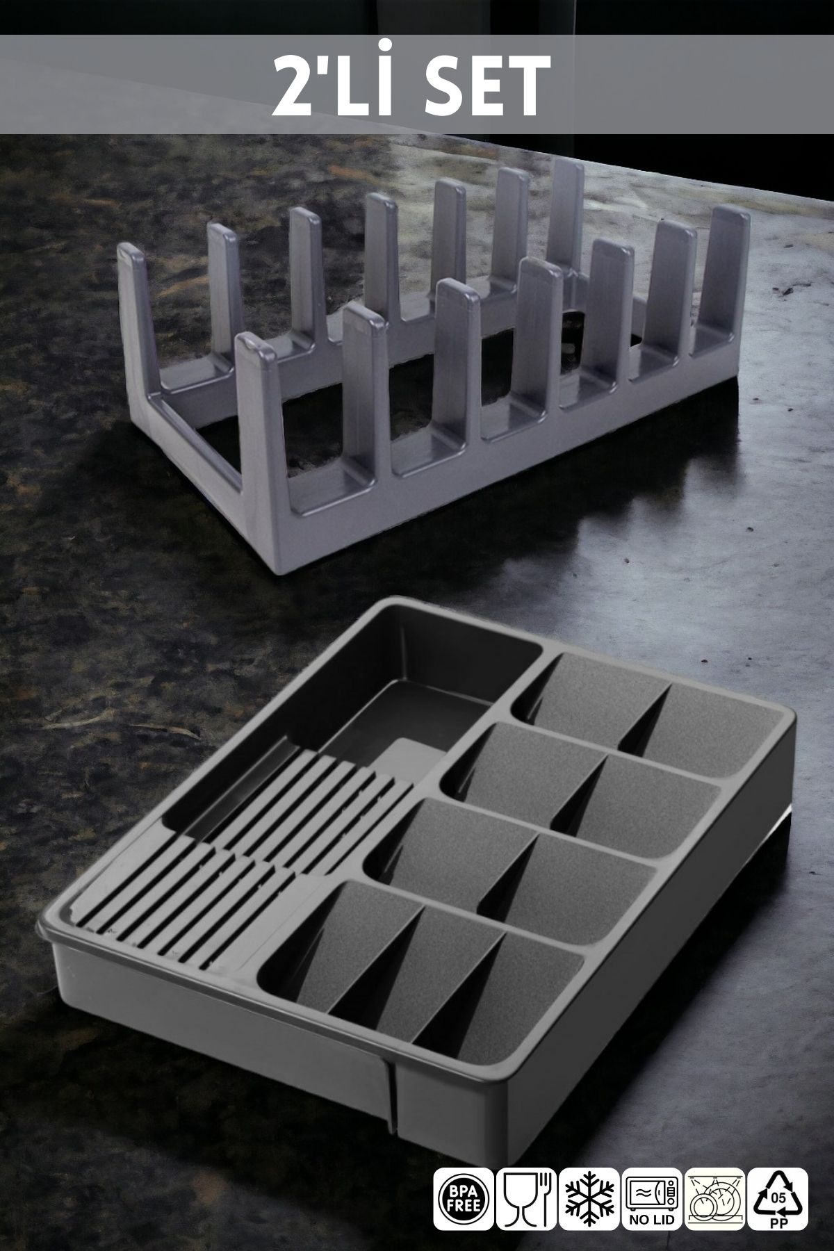 NY HOME Set De Bucătărie De 2 Linguri Antracit - Organizator Pentru Capac De Oală - One Size