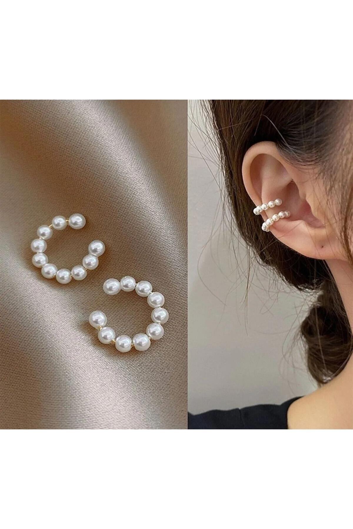 2'li Kadın Incili Kıkırdak Küpe Ear Cuff Kadın Küpe Deliksiz Kıkırdak Küpe