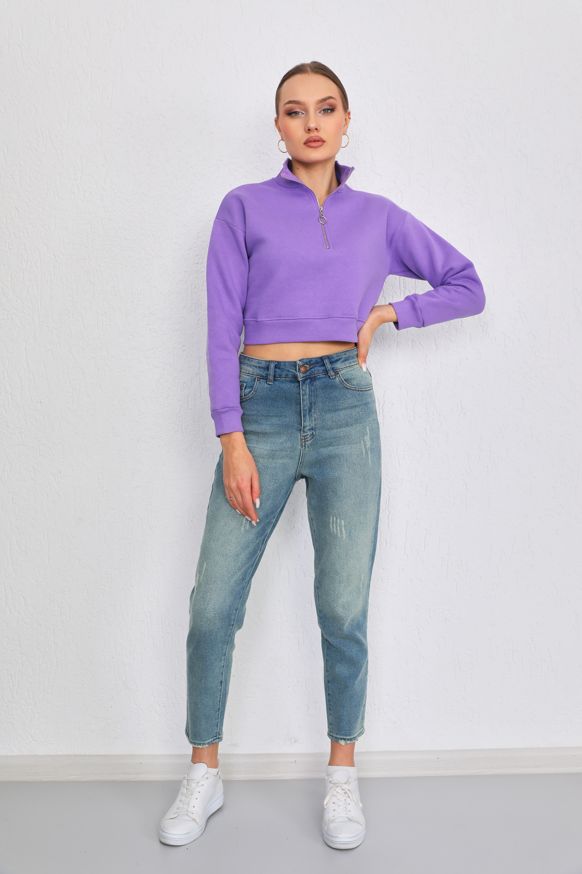 Kadın Lila Fermuarlı Kalın İçi Polarlı Örme Sweatshirt Crop 2