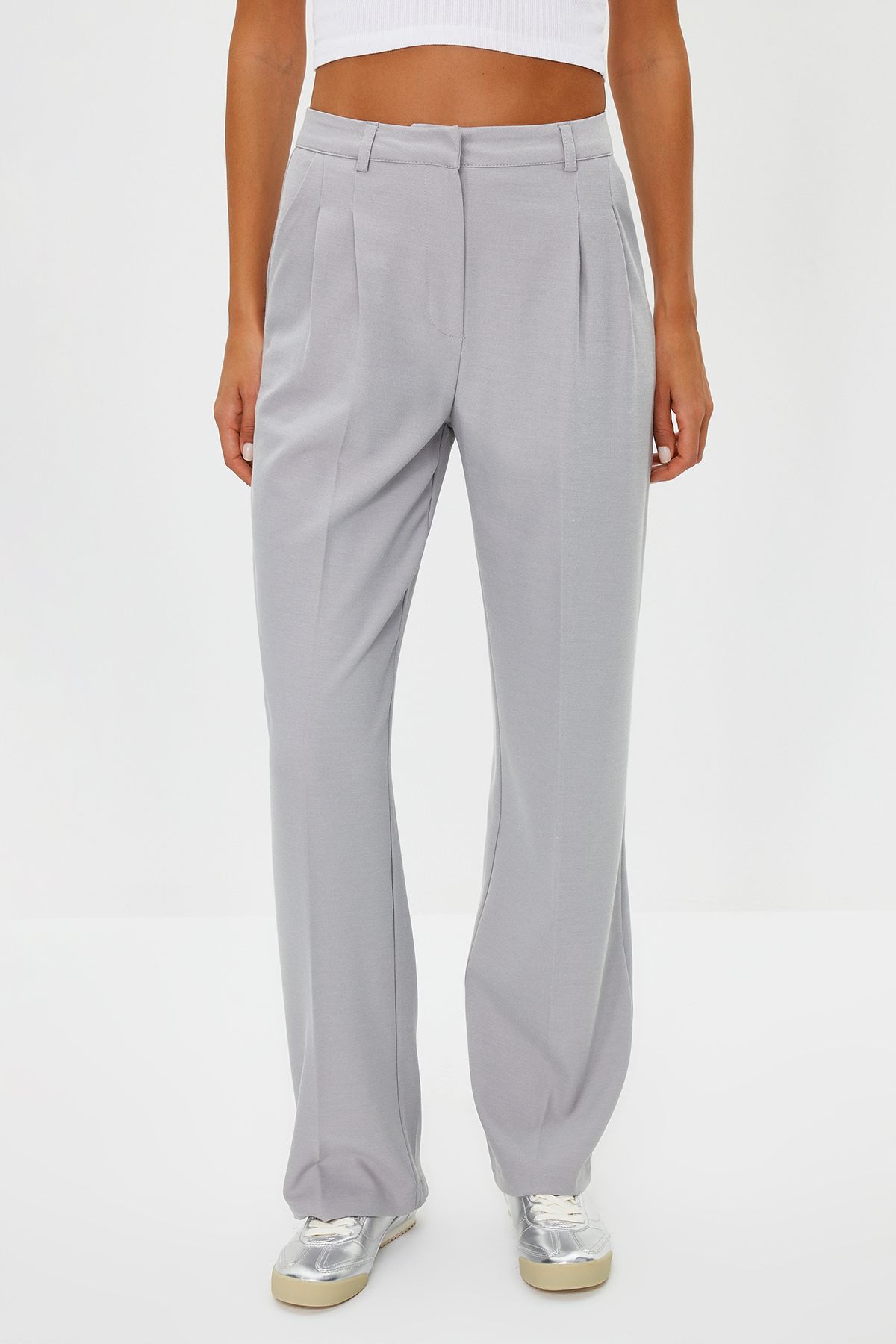 Trendyol Collection-Graue, gerade geschnittene, plissierte Webhose in limitierter Auflage TWOAW23PL00401 10